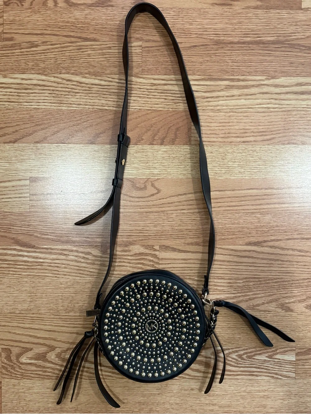 Michael Kors Black Round Crossbody Bag with Gold Stud Accents